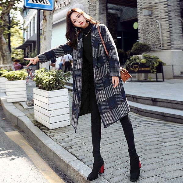 women's wool & blends english style plaid woolen coat women autumn and winter 2021 fashion turn-down collar loose outerwear, Black